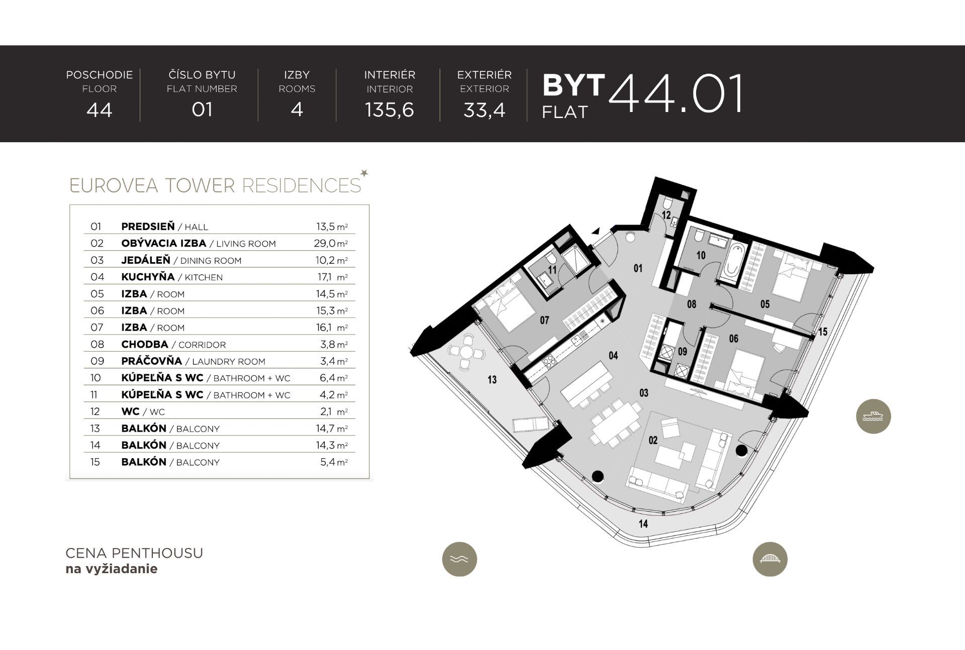 NUERA︱EUROVEA TOWER - Penthouse 3-bed. apt. Danube view, 44th